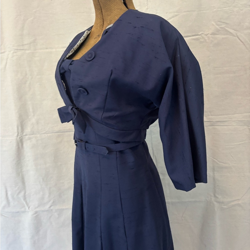 Vintage 60s Mod Navy Blue Textured Cotton Dress Suit Polka Dot Lining Jacket S - Picture 9 of 12